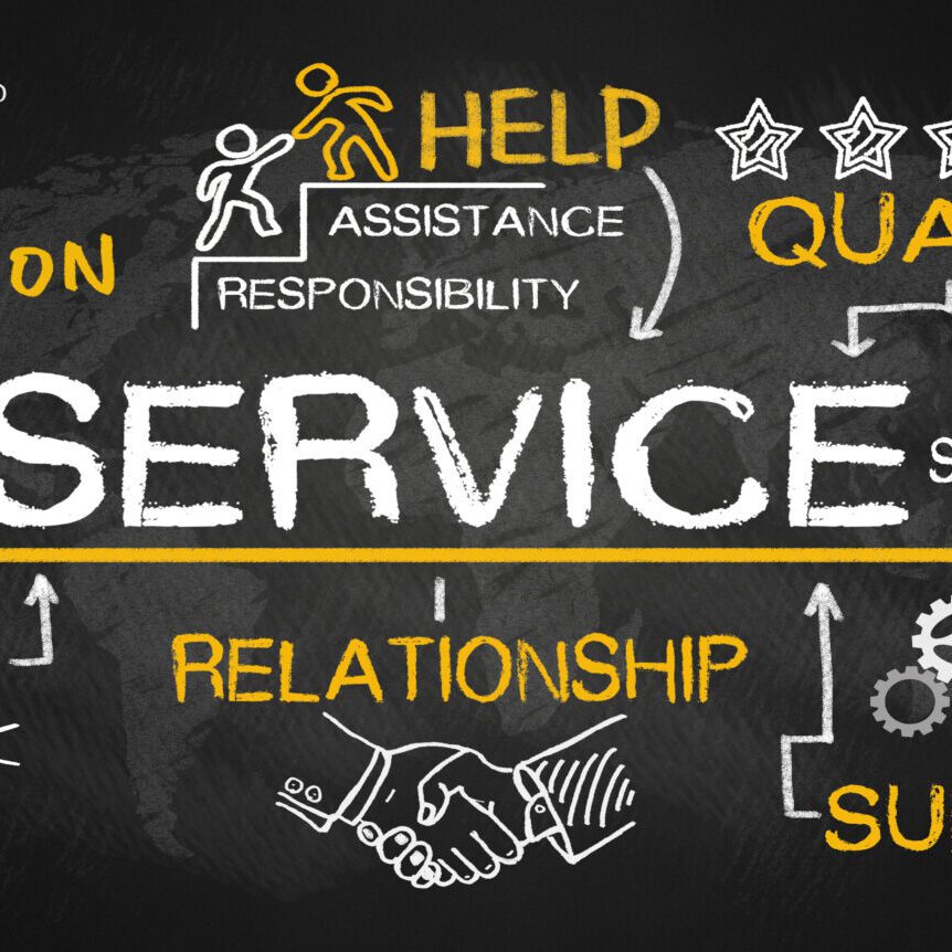 service concept with business elements on blackboard service concept with business elements hand drawn on blackboard